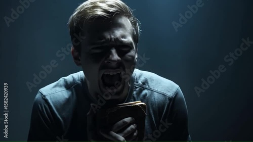 Frightened man screaming holding a book