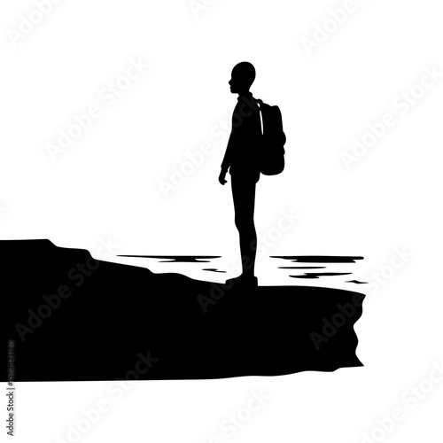 Traveler Silhouette at Dawn on Cliff Edge | PNG Transparent Background