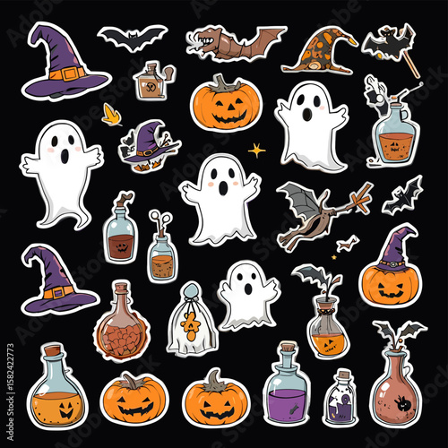 Colorful Halloween Sticker Set with Ghosts, Pumpkins, Witches' Hats, and Potion Bottles on Black Background