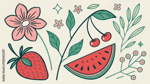 Colorful hand-drawn illustrations of fruits and flowers, featuring strawberries, cherries, and a slice of watermelon.