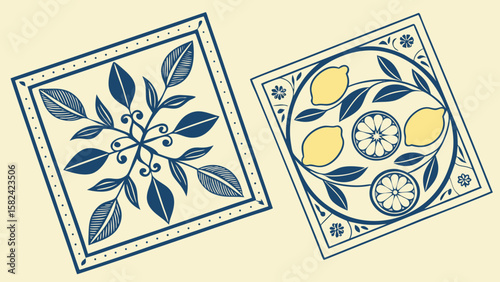 Decorative blue and yellow botanical tiles featuring leaves and lemons in a charming design.