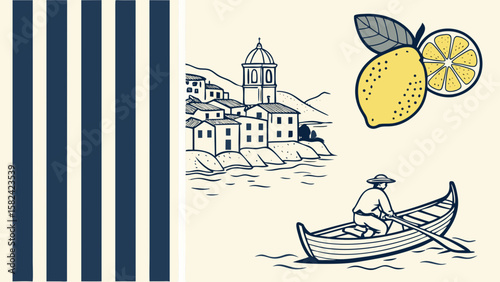 A tranquil seaside scene featuring a fisherman rowing a boat, with stylized lemons and a coastal town in the background.