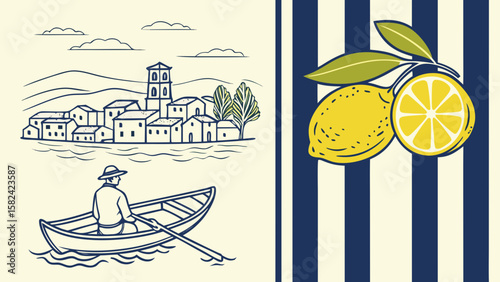 Illustration of a man rowing a boat past a quaint village, paired with vibrant lemons and striped patterns.