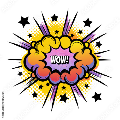 Colorful comic book style pop art speech bubble with "WOW!" text, isolated vector image on transparent background  