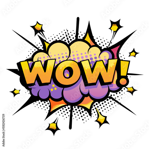 Colorful pop art comic style "WOW!" expression on transparent background, isolated vector image on transparent background  