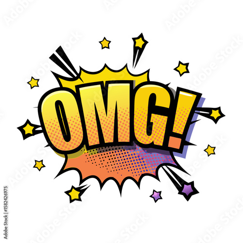 Comic book style text "OMG!" expression with colorful starburst background, isolated vector image on transparent background  