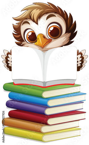 Curious Owl Reading a Stack of Books