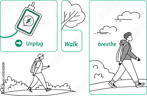 Illustration depicting unplugging devices, walking in nature, and breathing deeply for relaxation and wellness