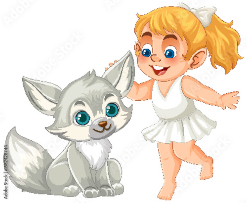 Playful Child and Cute Fox Illustration