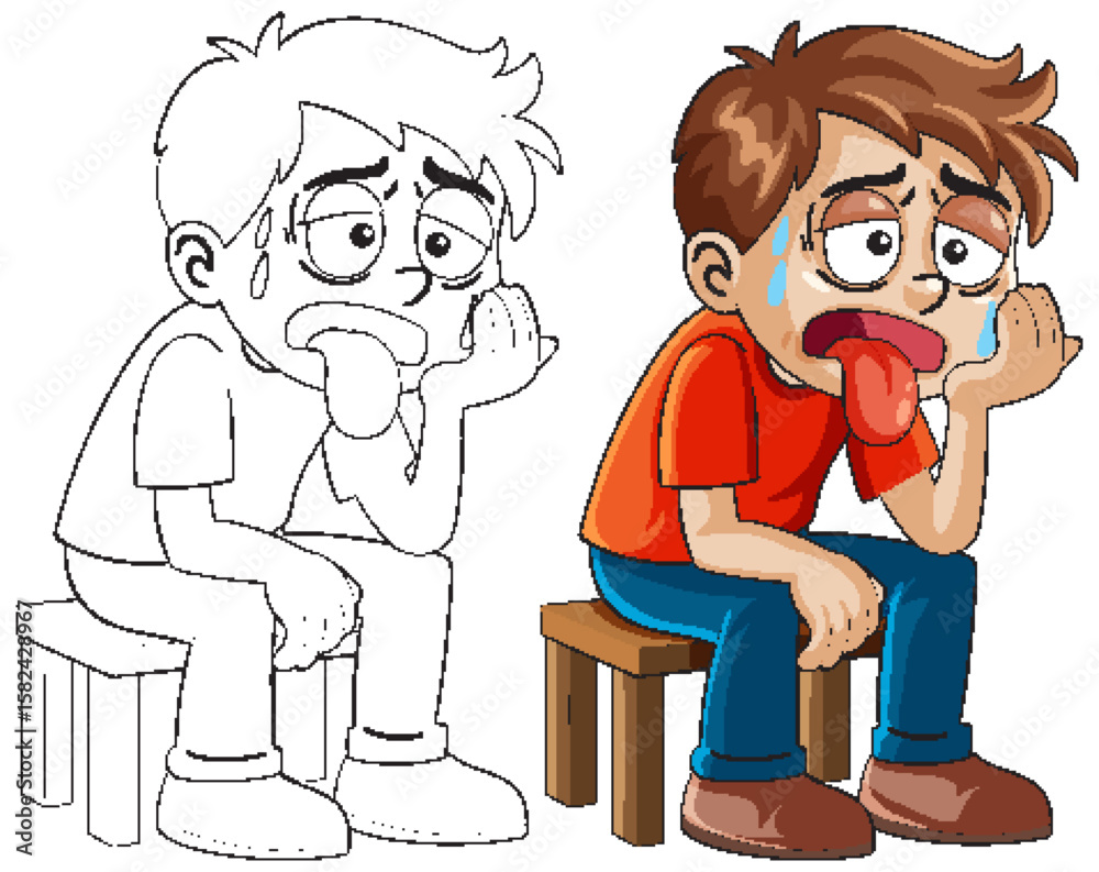 Fototapeta premium Exhausted Cartoon Boy Sitting on a Stool