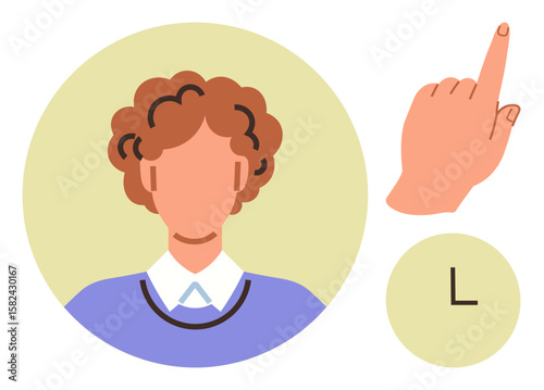Person with short curly hair, hand making an L gesture, uppercase L character. Ideal for communication, education, learning, non-verbal expression, alphabet, signage minimalism simple flat metaphor