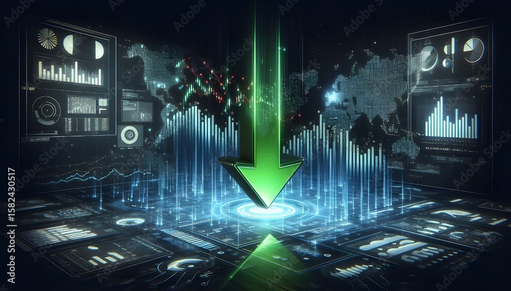 Obraz premium Finance risk reduction concept with digital data charts, analytics and glowing green arrow pointing downward on dark futuristic background. 3D Rendering