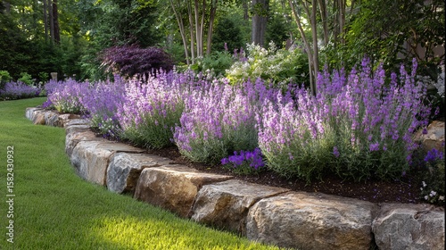 Vibrant purple lavender flowers in a serene garden, featuring natural stone borders and lush greenery.
