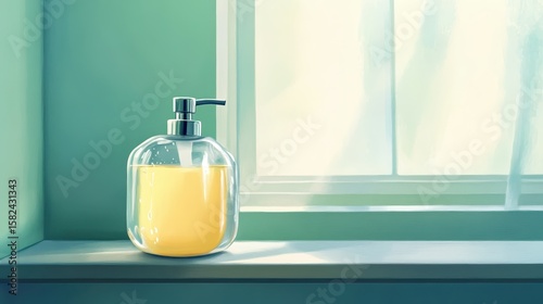 Clear Soap Dispenser with Yellow Liquid Against Sunlit Window