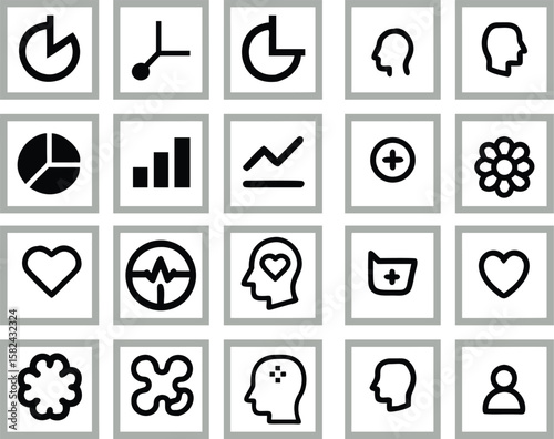 Collection of various black and white icons graphic symbol