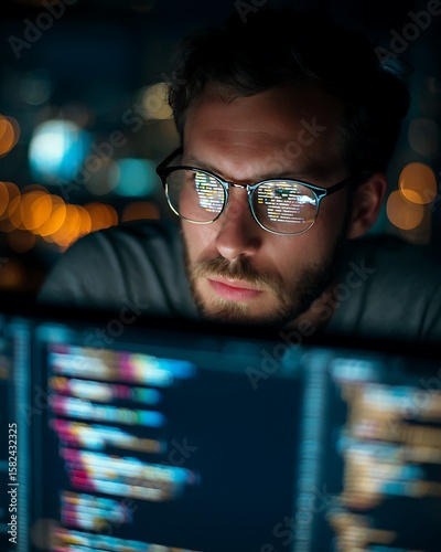 Young male coder intently examines lines of code on a computer screen late at night, lights of the city reflecting off glasses.