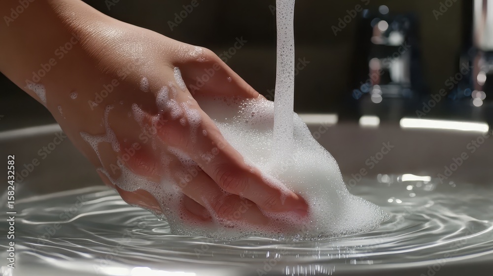 Fototapeta premium Close-up of Hand Washing with Soap Under Running Water in Sink