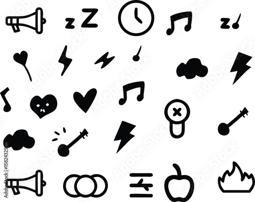 Collection of black and white icons featuring musical notes and symbols hearts lightning bolts