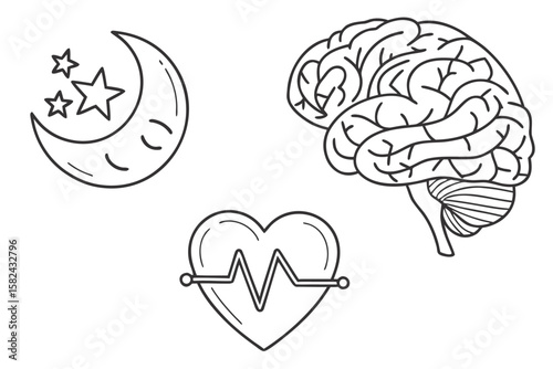 Outline drawing of a moon with stars, a brain, and a heart with a pulse line on a white background