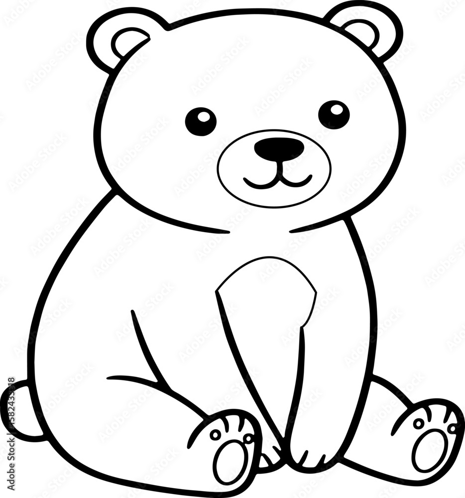 Obraz premium Black and White Cartoon Bear Sitting – Cute Outline Animal Illustration for Coloring Book and Kids Activity