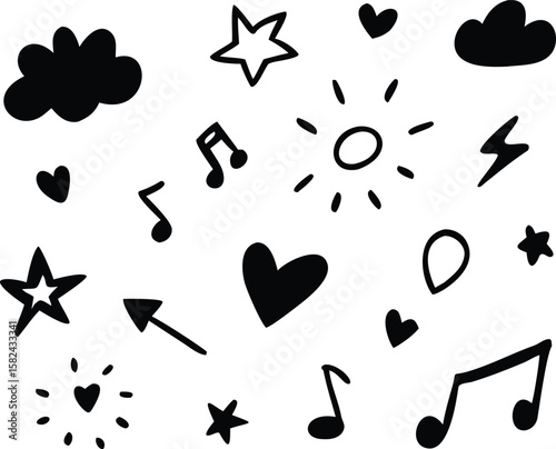Black doodle icons of hearts stars sun clouds music notes and lightning vector