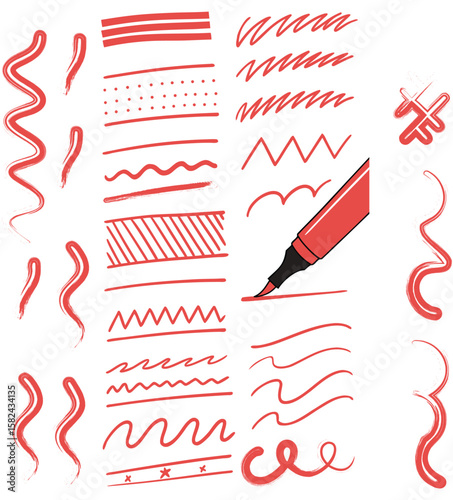 Red brush strokes and marker lines wavy lines