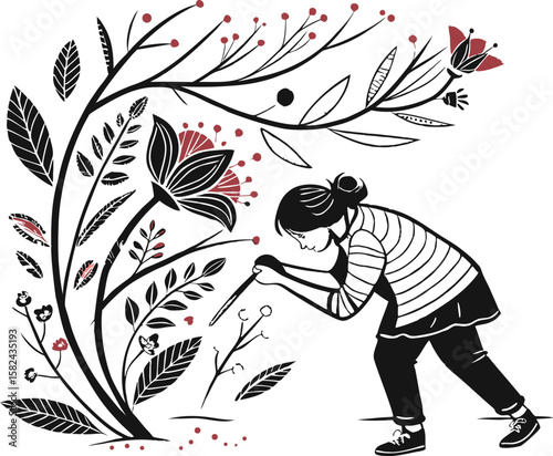 Person tending to stylized flora with red accents plant