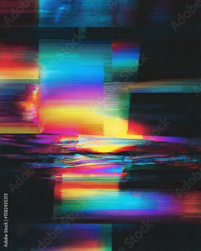 Vibrant abstract backdrop showcases digital glitch art with dynamic, distorted lines creating a modern and colorful, energetic aesthetic.