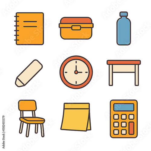 school icons set. Colorful flat icons of notebook lunchbox water bottle pencil clock desk chair notepad and calculator for school or office design