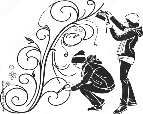 Two artists painting floral design black and white