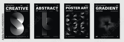 Abstract monochrome poster background vector set. Modern cover template with black and white perspective geometric prism shape, line. Ideal design for social media, banner, ads. 