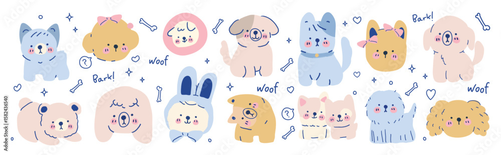 cute dog sticker vector. Lovely dog doodle pattern in different poses and breeds. Adorable funny pet and many characters hand drawn collection for T-shirt, sticker, print, pet shop. 