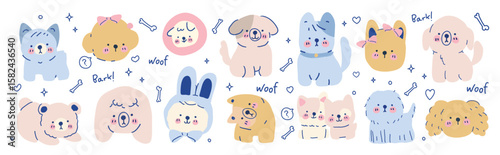 cute dog sticker vector. Lovely dog doodle pattern in different poses and breeds. Adorable funny pet and many characters hand drawn collection for T-shirt, sticker, print, pet shop. 