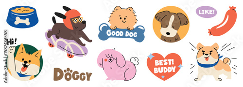 dog sticker vector. Lovely dog doodle pattern in different poses and breeds. Adorable funny pet and many characters hand drawn collection for T-shirt, sticker, print, pet shop. 