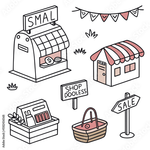 Illustration of a small shop, a basket, a sale sign, and a shop dooless sign on a white background