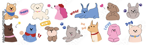 dog sticker vector. Lovely dog doodle pattern in different poses and breeds. Adorable funny pet and many characters hand drawn collection for T-shirt, sticker, print, pet shop. 