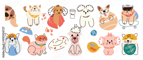 Dog and cat sticker vector. Lovely pet doodle pattern in different poses and breeds. Adorable funny pet and many characters hand drawn collection for T-shirt, sticker, print, pet shop. 