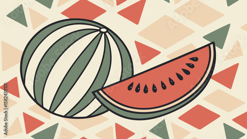 Whimsical illustration of striped melon beside a watermelon slice on a geometric pastel background.