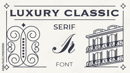 Elegant luxury classic serif font style with ornate design elements, embodying sophistication and timeless aesthetics.