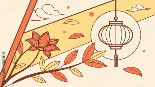 Stylized autumn illustration featuring a lantern, flowers, and falling leaves in warm colors.
