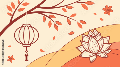 A serene illustration featuring a hanging lantern and a lotus flower, embodying tranquility and harmony.
