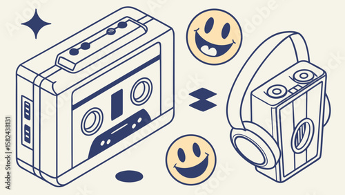 Colorful retro cassette tape and headphones with cheerful smiley faces, reflecting a nostalgic vibe.