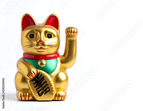 Golden cat figurine on white background