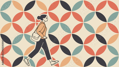 A young woman walks confidently against a colorful geometric backdrop, showcasing style and poise.