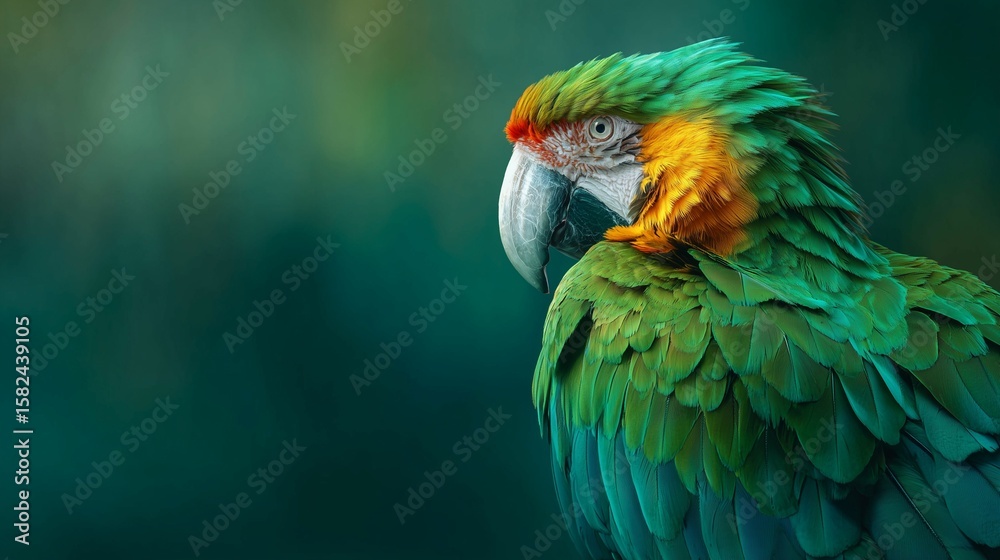 Fototapeta premium **Green beautiful parrot macaw turning its head with soft feather shadows and realistic lighting gradient, isolated on clean transparent background