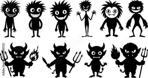 A playful collection of cartoon black monster and devil silhouettes featuring horned imps with pitchforks and spiky-haired creatures perfect for halloween elements