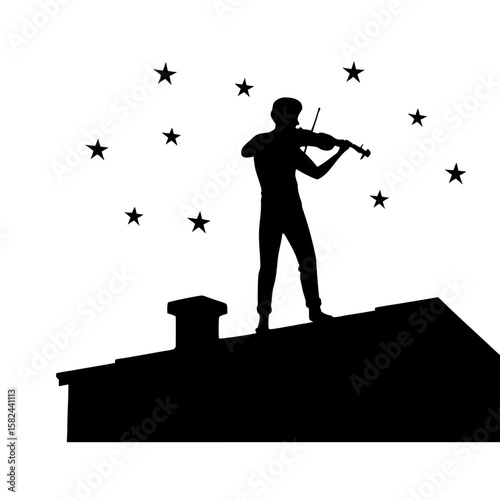 Violinist Silhouette on Rooftop Under Stars – Transparent PNG