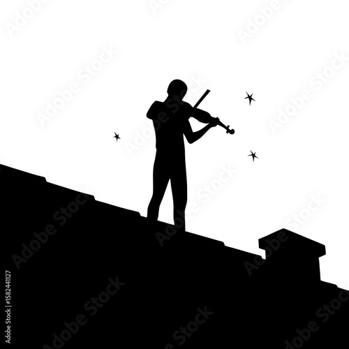Violinist Silhouette on Rooftop Under Stars – Transparent PNG