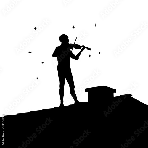 Violinist Silhouette on Rooftop Under Stars – Transparent PNG