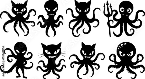 A quirky set of black silhouette hybrid octopus creatures with cat like heads and expressive eyes ideal for halloween or fantasy designs